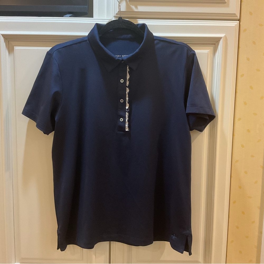 Tory Sport Navy Button Down Shirt. Tory Burch polo, golf shirt with lace trim.